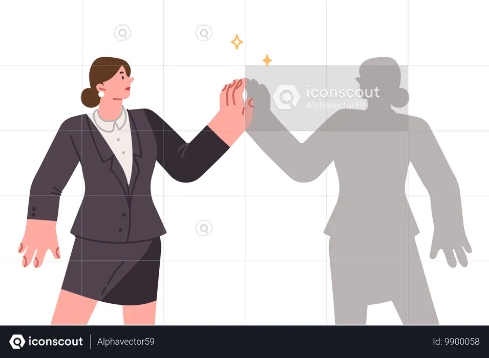 Alter ego of business woman standing near own shadow as metaphor for exploring soul  Illustration