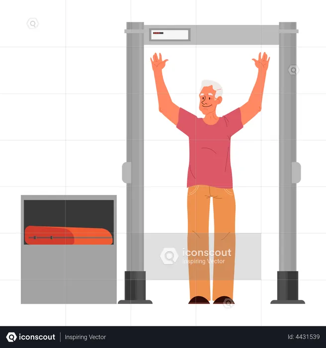 Alter Mann geht bei der Sicherheitskontrolle durch den Metallscanner  Illustration