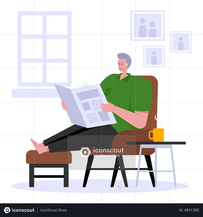 Alter Mann liest Zeitung, während er auf Sessel sitzt  Illustration