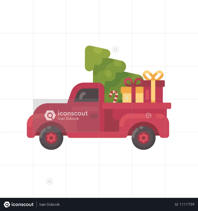 Alter roter Lastwagen mit Weihnachtsbaum und Geschenken  Illustration