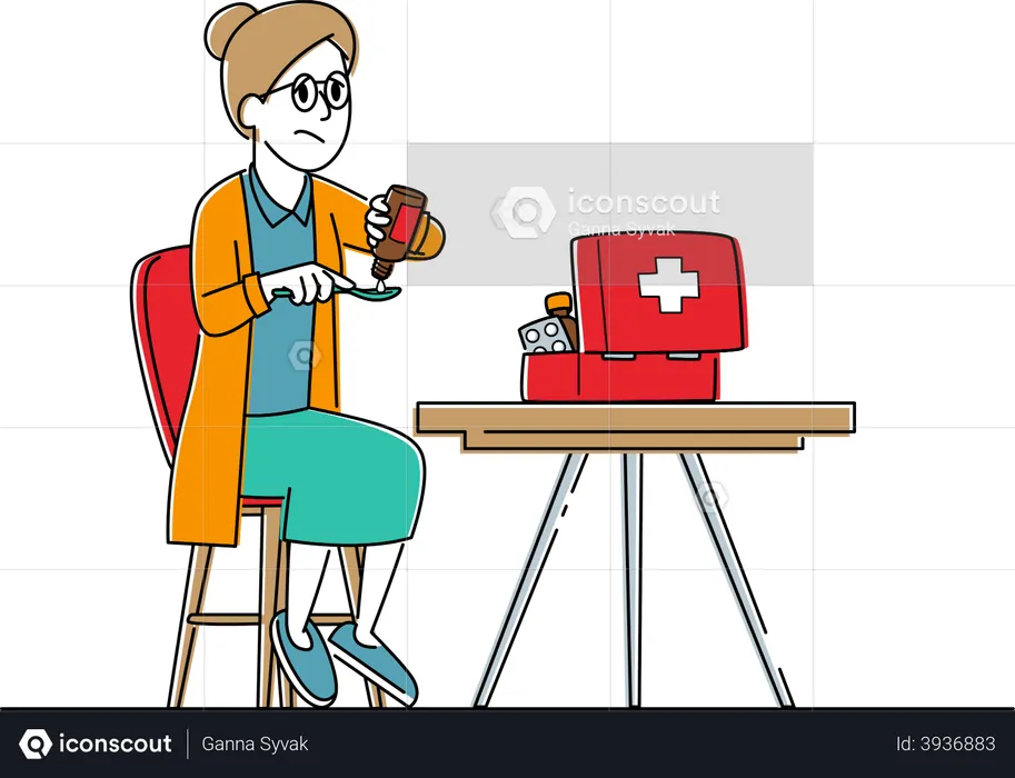 Ältere Frau sitzt zu Hause mit Medikamenten und Medikamentenbox auf dem Tisch  Illustration