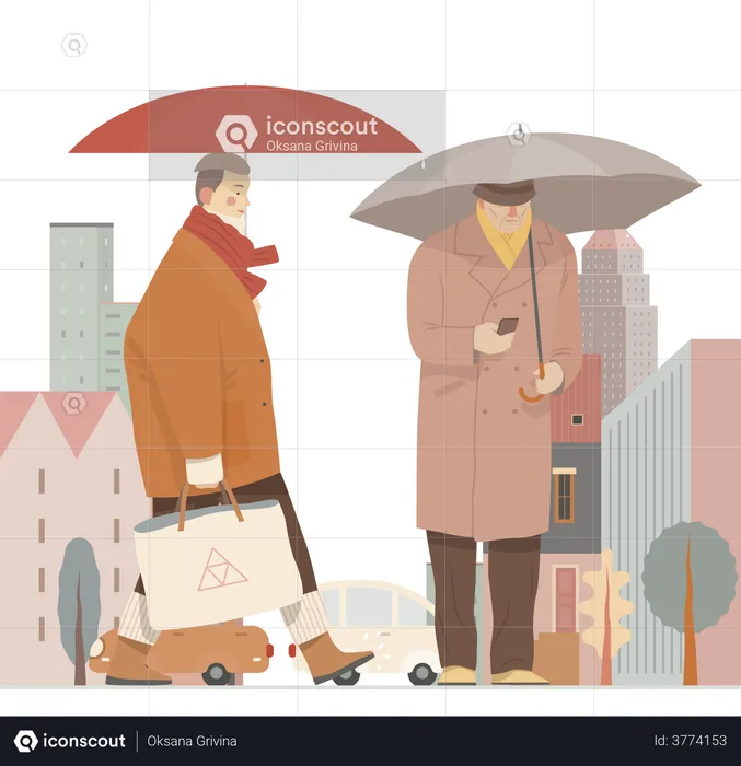 Ältere Menschen mit Regenschirm im Regen  Illustration