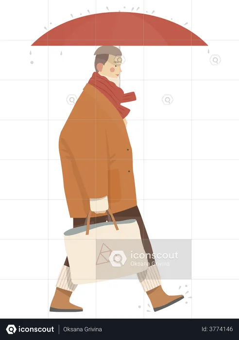 Alter Mann zu Fuß mit Regenschirm und Tasche  Illustration