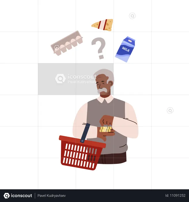 Älterer Mann mit rotem Einkaufskorb zählt Münzen in der Hand  Illustration