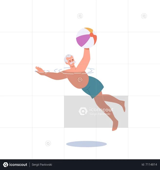 Älterer Mann schwimmt mit aufblasbarem Ball im Pool und macht Aquafit-Übungen  Illustration