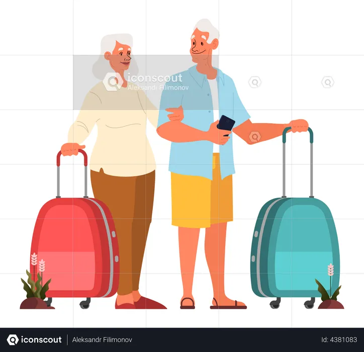 Älterer Tourist mit Gepäck und Handtasche  Illustration