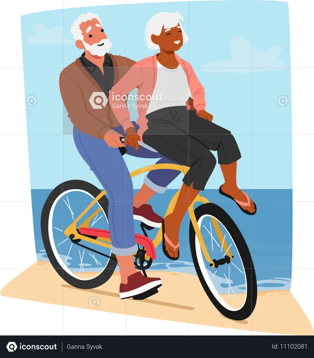 Älteres Paar lacht beim Ausruhen auf dem Fahrrad am Strand  Illustration