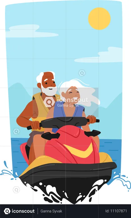 Älteres Paar reitet Jet-Ski im Meer  Illustration