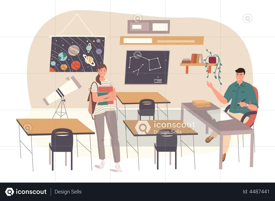 Aluno aprende astronomia em sala de aula  Ilustração