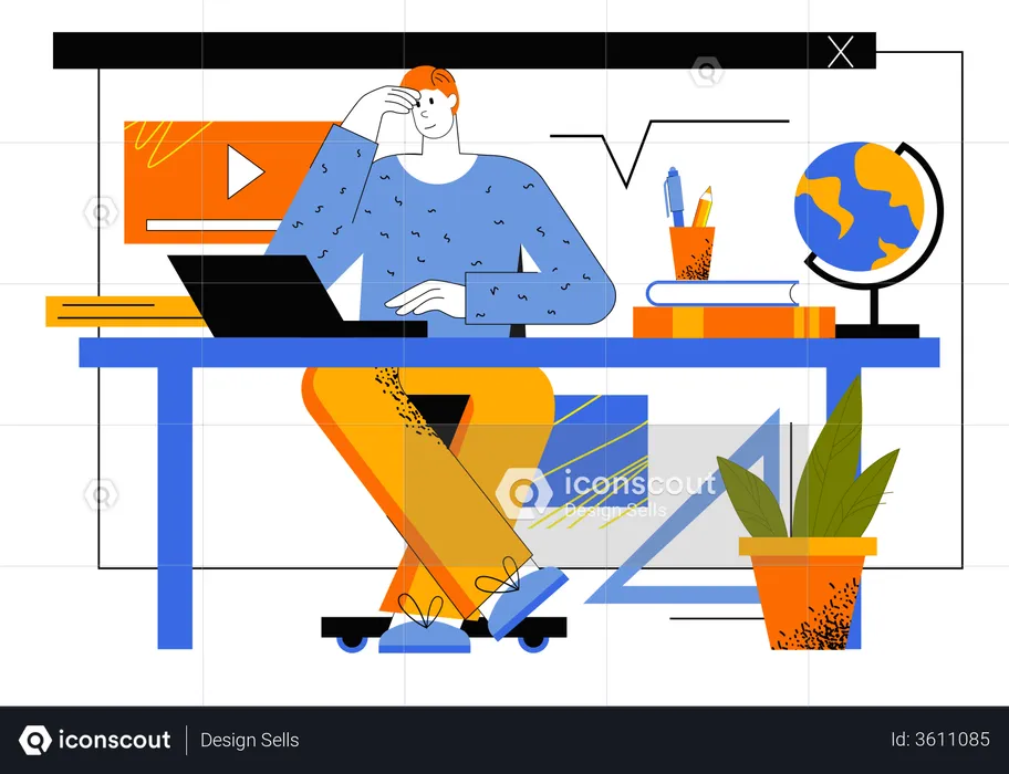 Aluno estuda remotamente usando laptop  Ilustração