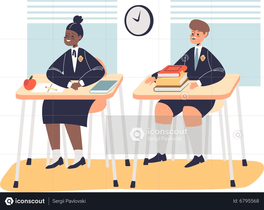 Alunos de uniforme sentados na carteira da escola em sala de aula na aula  Ilustração