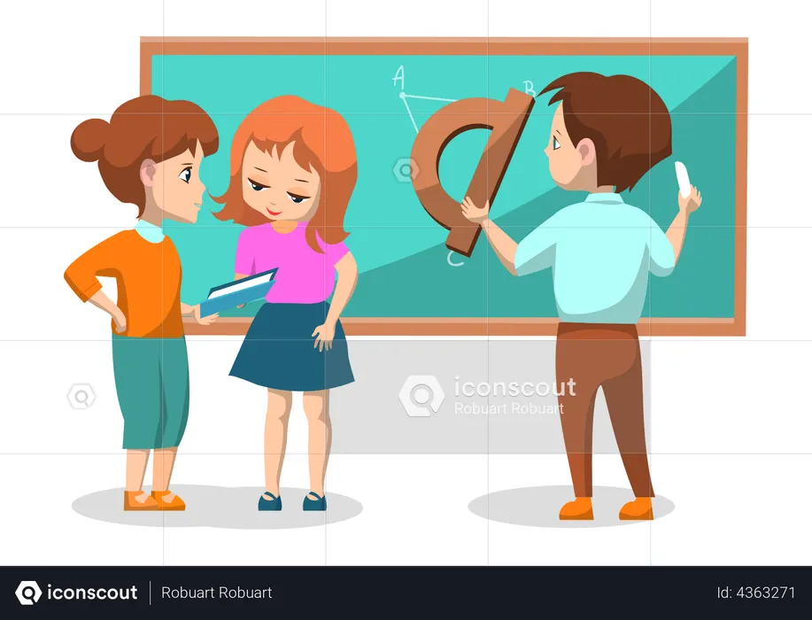 Alunos resolvendo problema de matemática no quadro de aula  Ilustração