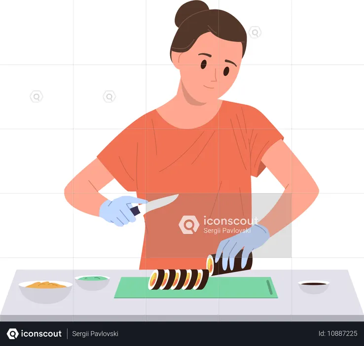 Ama de casa joven cocinando sushi, comida tradicional asiática  Ilustración