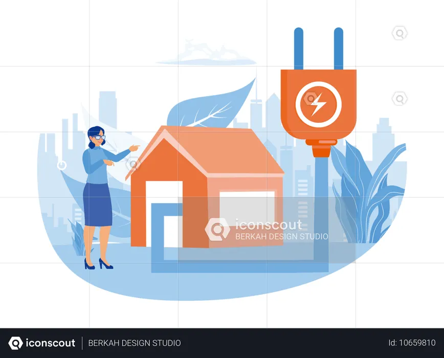 Ama de casa que utiliza un dispositivo de ahorro de energía mientras consume energía  Ilustración