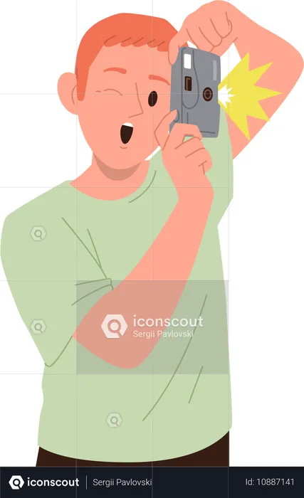 Amazed boy teenage child taking picture with digital camera  Illustration