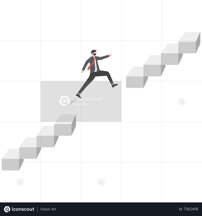 Ambitious businessman jump pass broken stair gap to reach target  Illustration