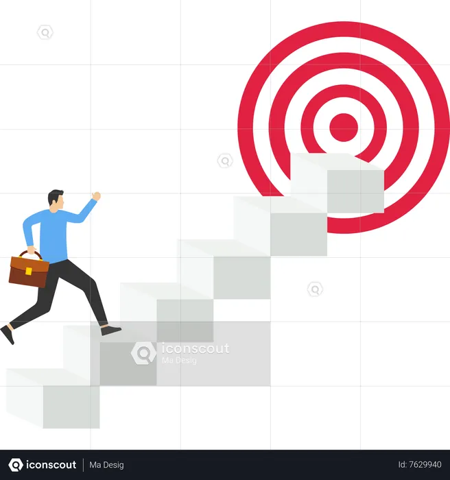 Ambitious businesswoman climbing stairways bullseye target  Illustration