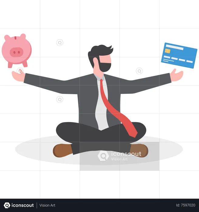 Ambitious man meditate with credit card and piggy bank  Illustration