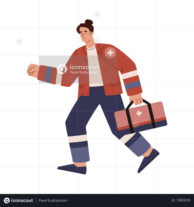 Ambulance emergency specialist with medical bag running to patient  Illustration