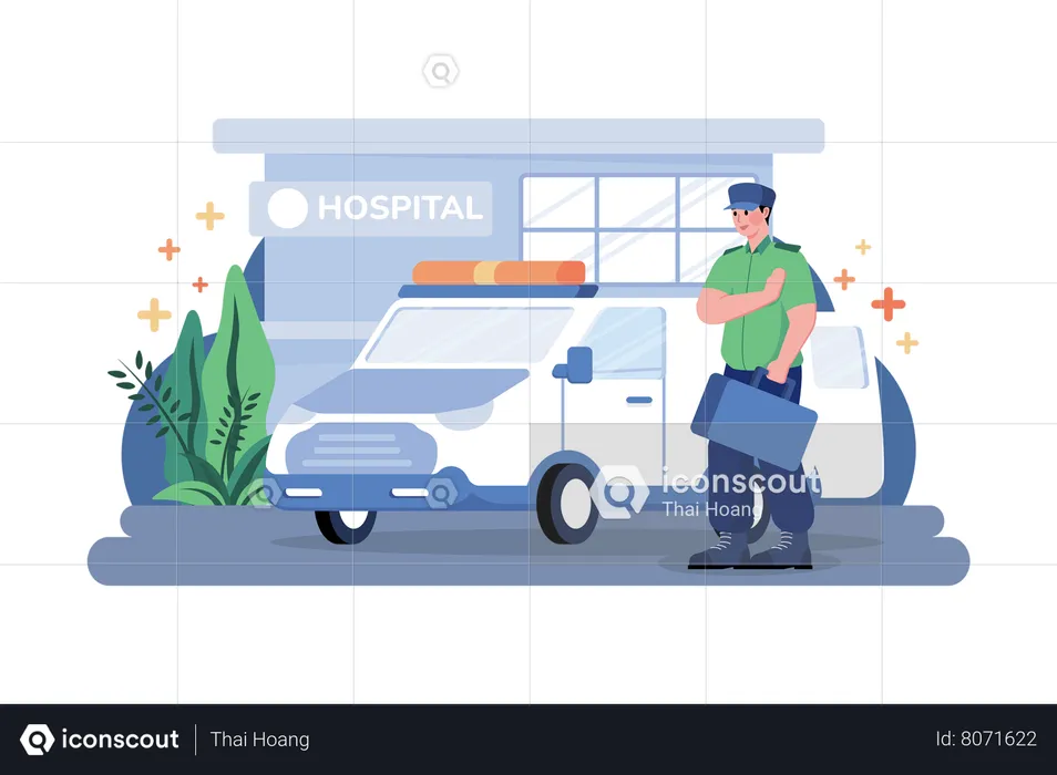 Ambulance Parked In Front Of Hospital Building  Illustration