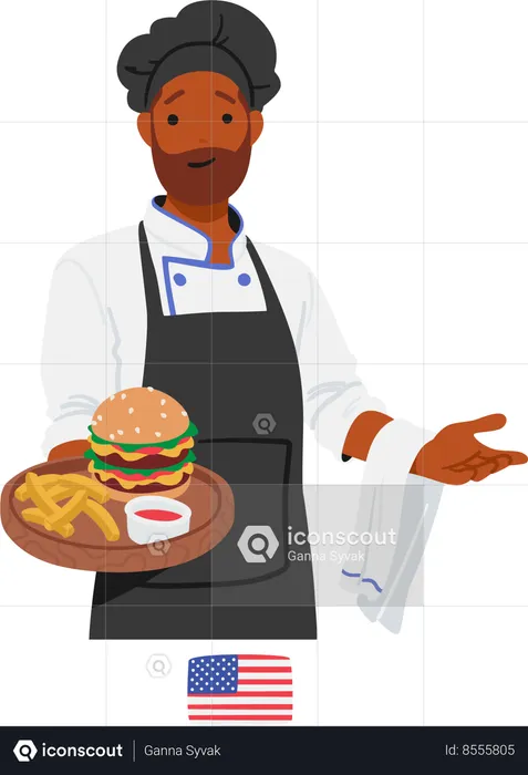 American Chef Character Proudly Presents Tray With A Delectable Array Of Fast Food  Illustration