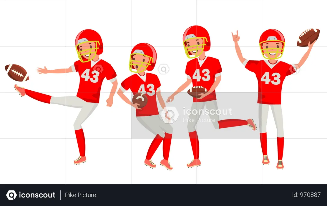American Football Male Player Vector. Match Tournament. Summer Activity. Playing In Different Poses. Man Athlete. Isolated On White Cartoon Character Illustration  Illustration