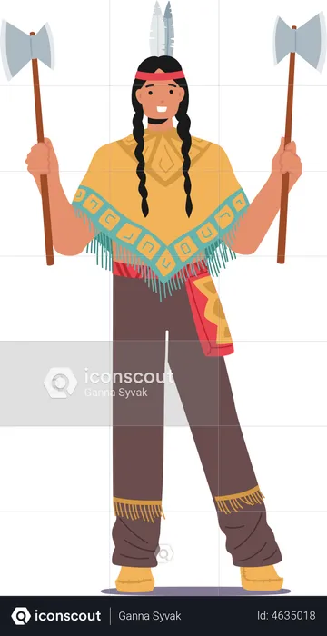 American Indigenous Warrior with Axes  Illustration