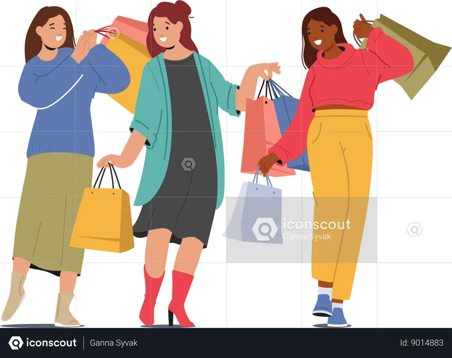 Amigas fazendo compras juntas  Ilustração