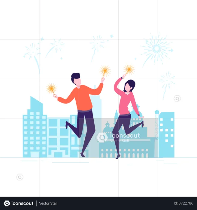 Amigos bailando y celebrando el año nuevo.  Ilustración