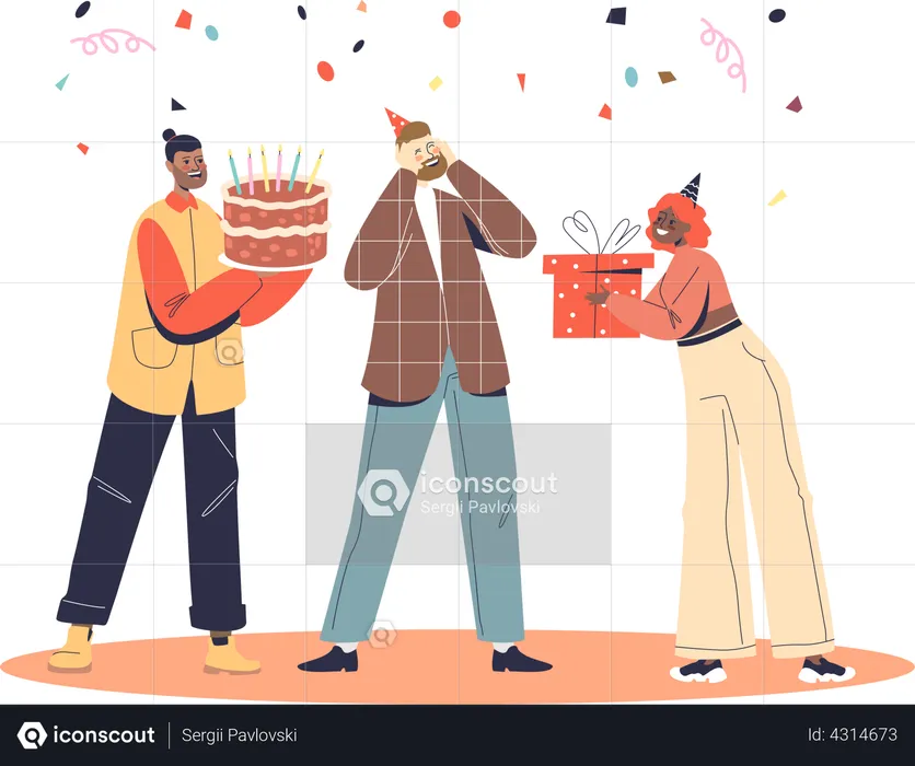 Amigos celebrando el cumpleaños de un amigo.  Ilustración