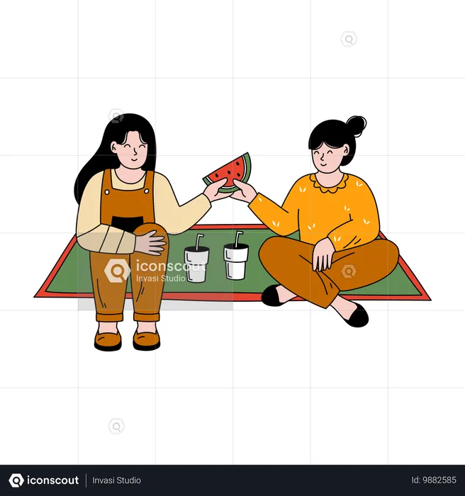 Amigos comendo melancia  Ilustração