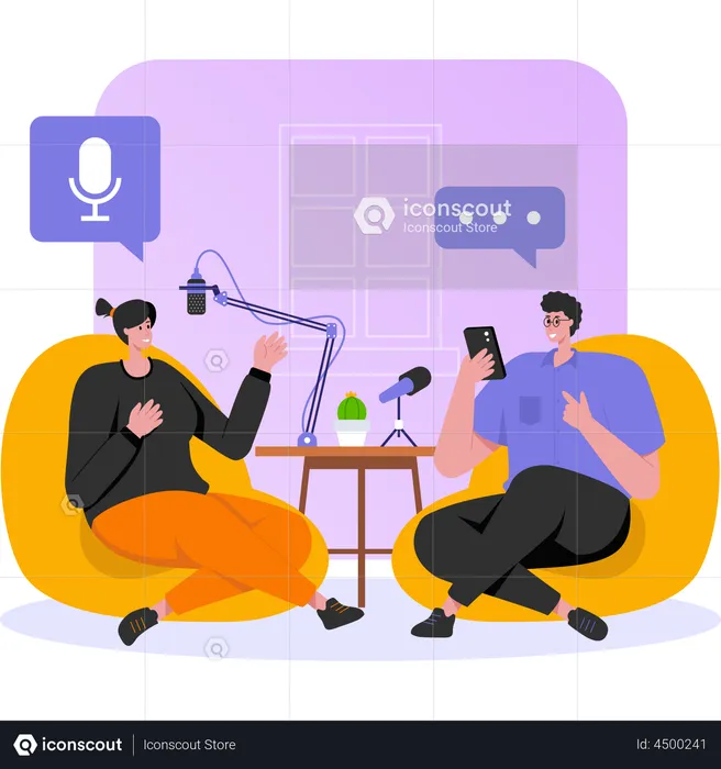 Amigos conversando durante um podcast  Ilustração