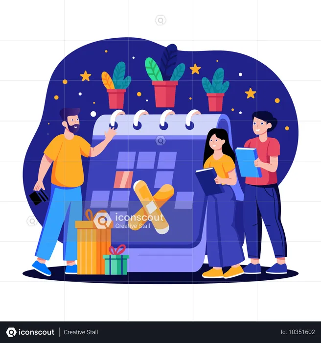 Amigos criando evento no calendário de ano novo  Ilustração