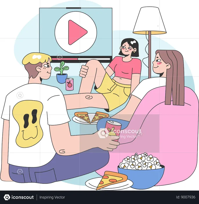 Amigos curtindo filme e pizza  Ilustração