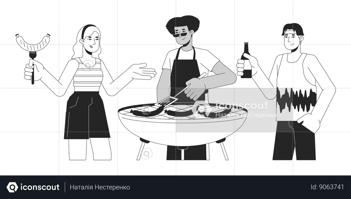 Los amigos están cocinando barbacoa.  Ilustración