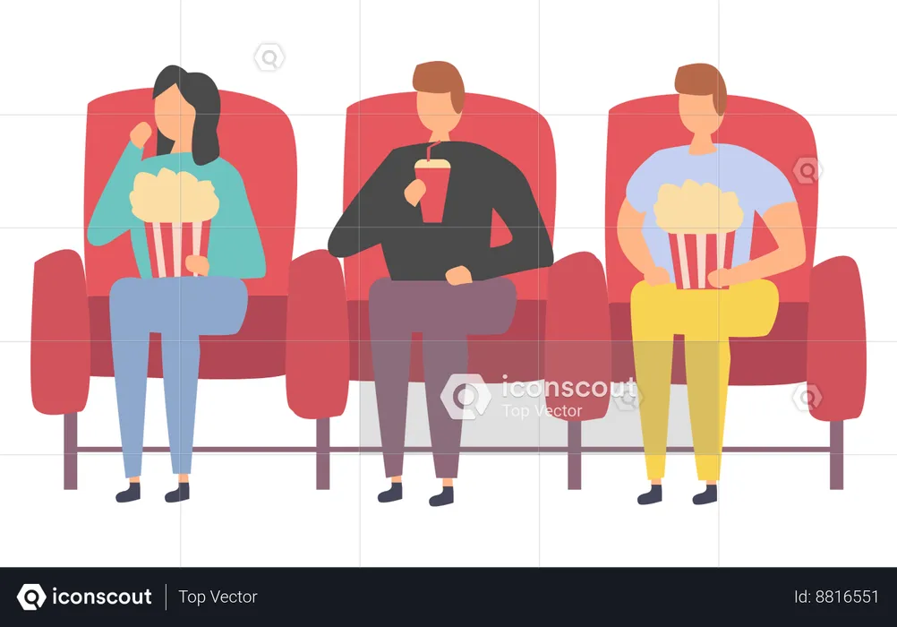 Los amigos están viendo una película en el cine.  Ilustración