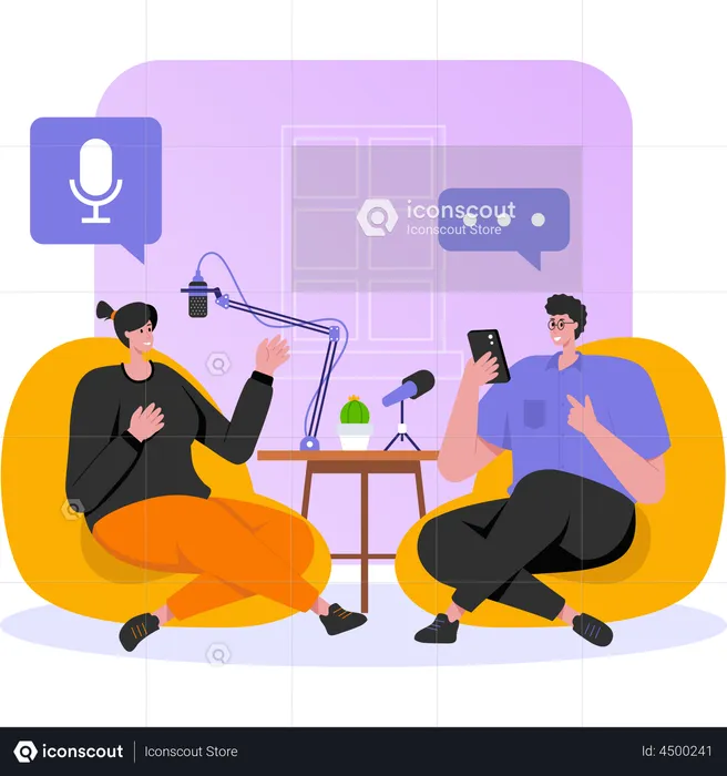 Amigos hablando mientras tienen podcast.  Ilustración