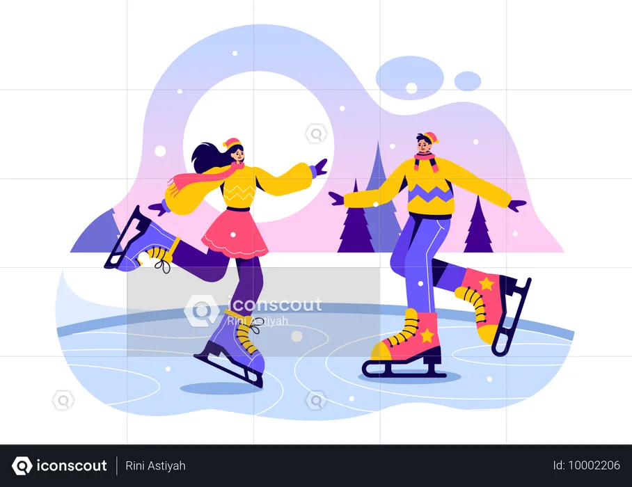 Amigos haciendo patinaje sobre hielo en pista de hielo  Ilustración