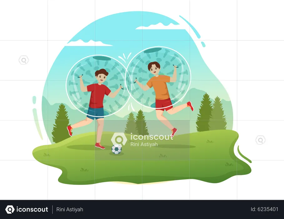 Amigos jogam futebol enquanto fazem zorb  Ilustração