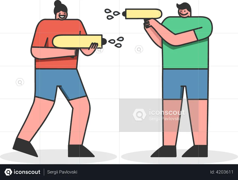 Amigos jugando con pistola de agua.  Ilustración