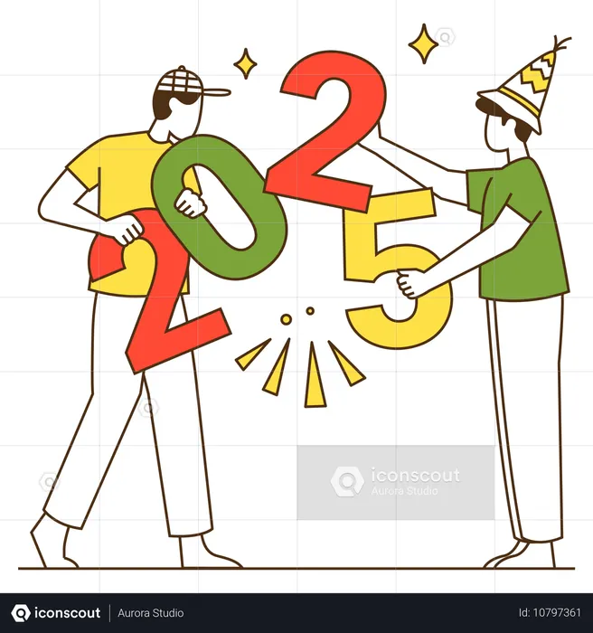 Amigos se preparando para a festa de 2025  Ilustração