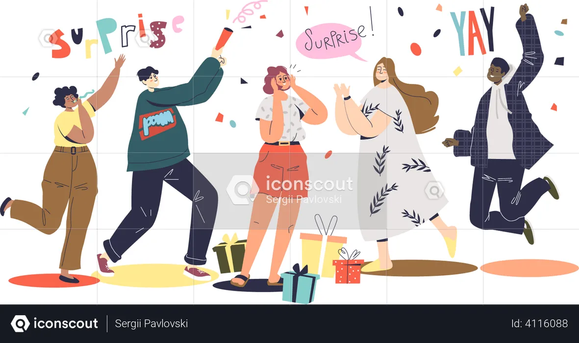 Amigos cumprimentando a garota com feriado ou aniversário na festa surpresa  Ilustração