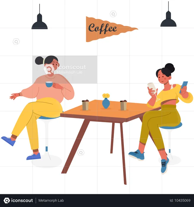 Amigos sentados dentro de un café.  Ilustración