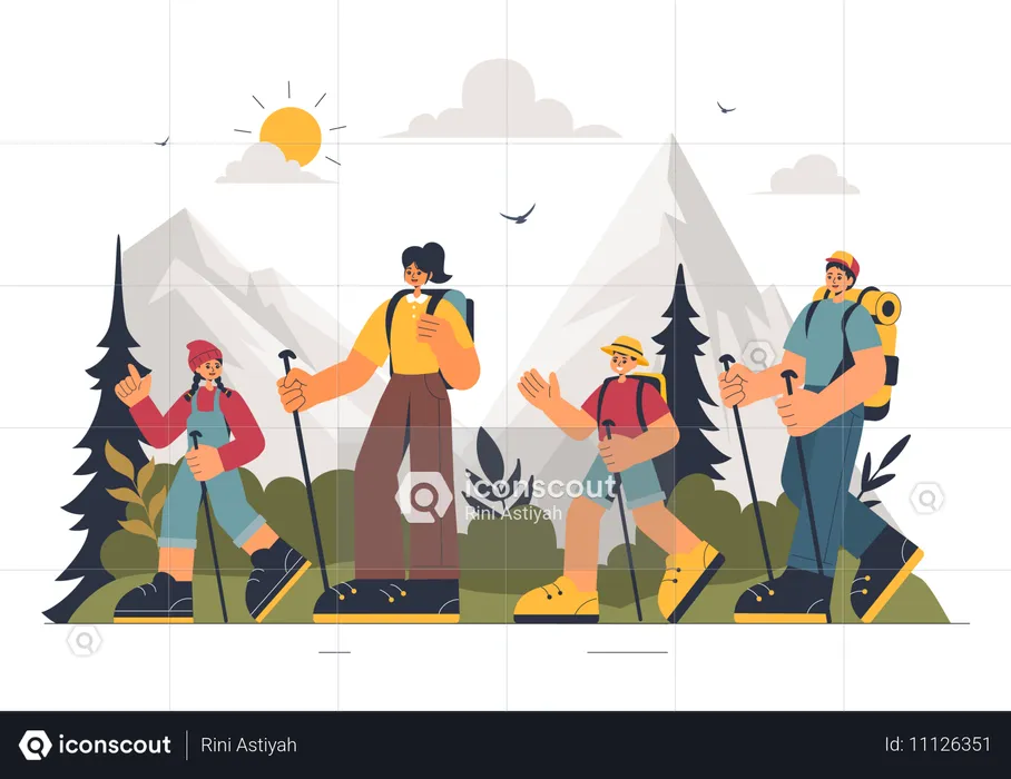 Amigos vão para uma aventura de caminhada na montanha  Ilustração