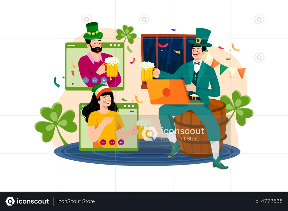 Amis célébrant la Saint-Patrick par vidéoconférence en ligne  Illustration