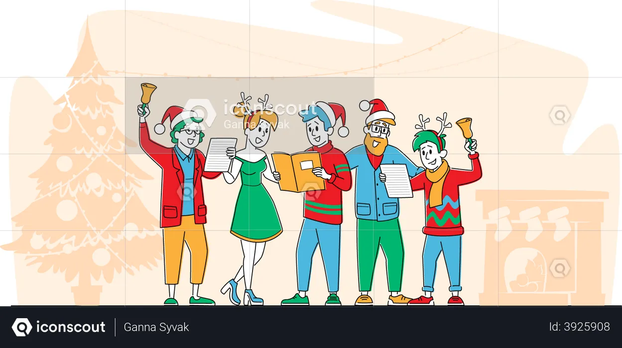 Compagnie d'amis ou famille heureuse chantant lors d'une soirée d'événement  Illustration