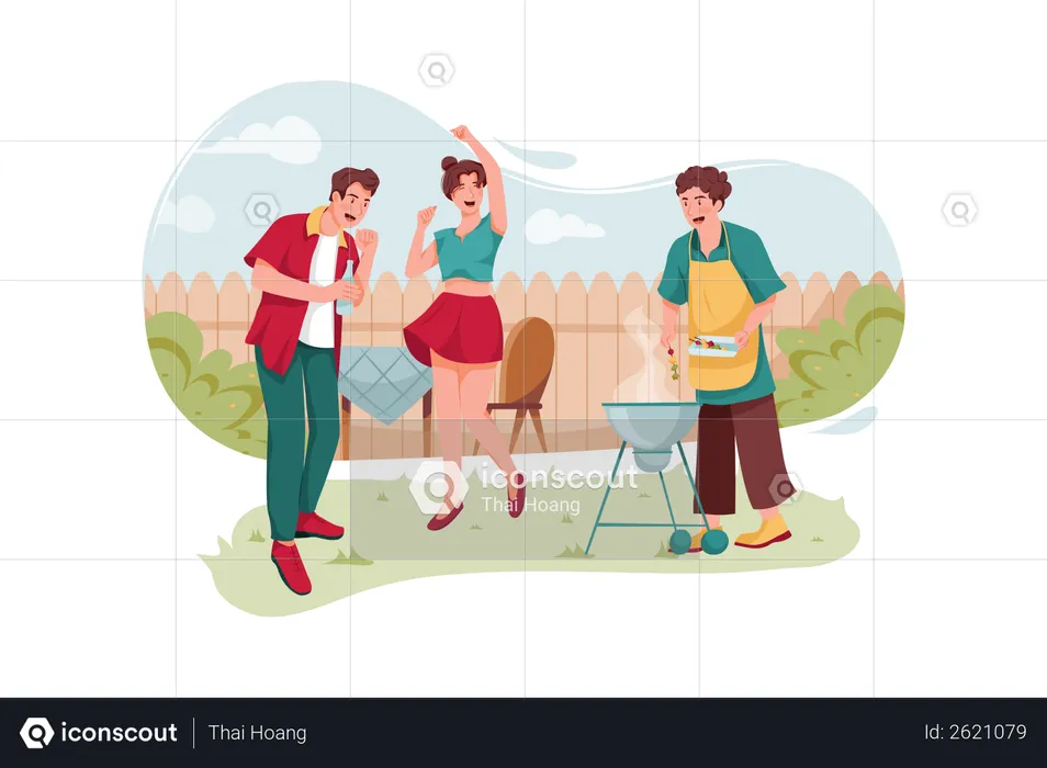 Amis préparant de la nourriture sur un barbecue dans le jardin de la maison  Illustration