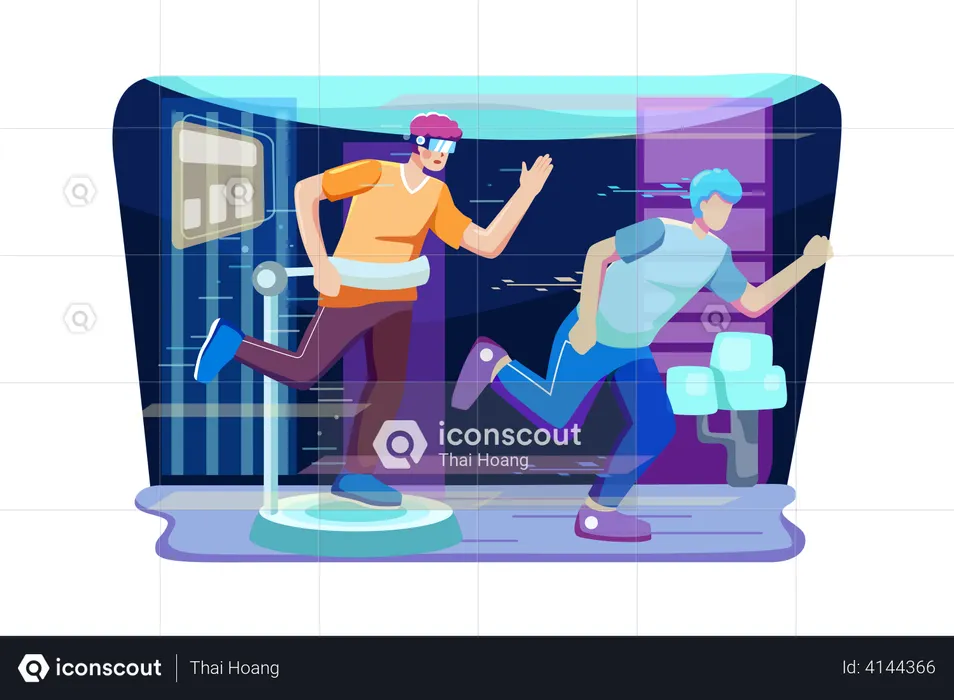 Amis jouant à un jeu de réalité virtuelle  Illustration