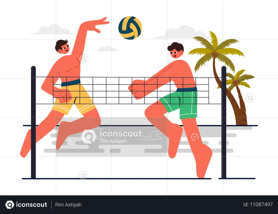 Amis jouant au volley-ball sur la plage  Illustration