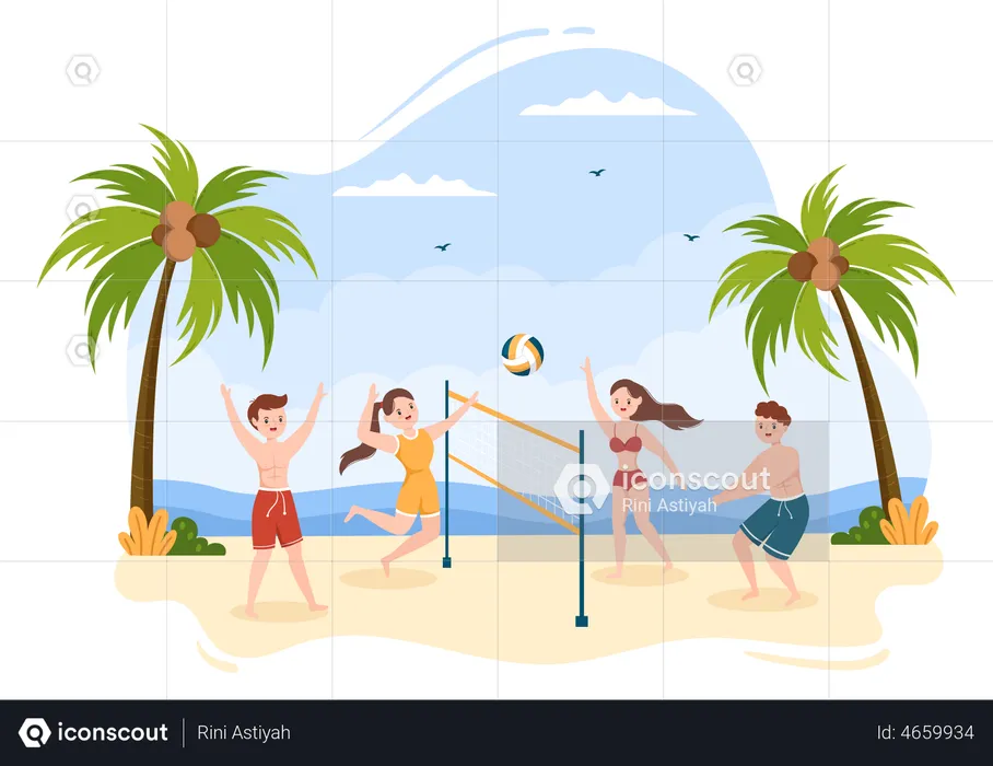 Amis jouant au volley-ball sur la plage  Illustration